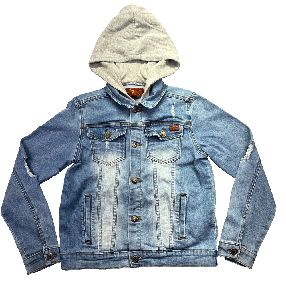 7 For All Mankind Denim Jean Jacket Hoodie Kids Sz L Distressed Blue Gorpocore‎